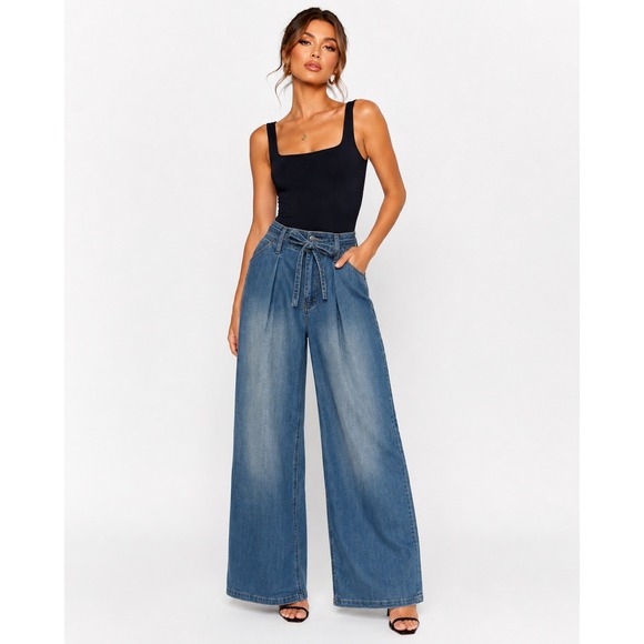 Vervet Blue Denim - Vervet Blue Olivia Wide Leg Tie Waist Jeans Pleated Denim Size 26 NWT